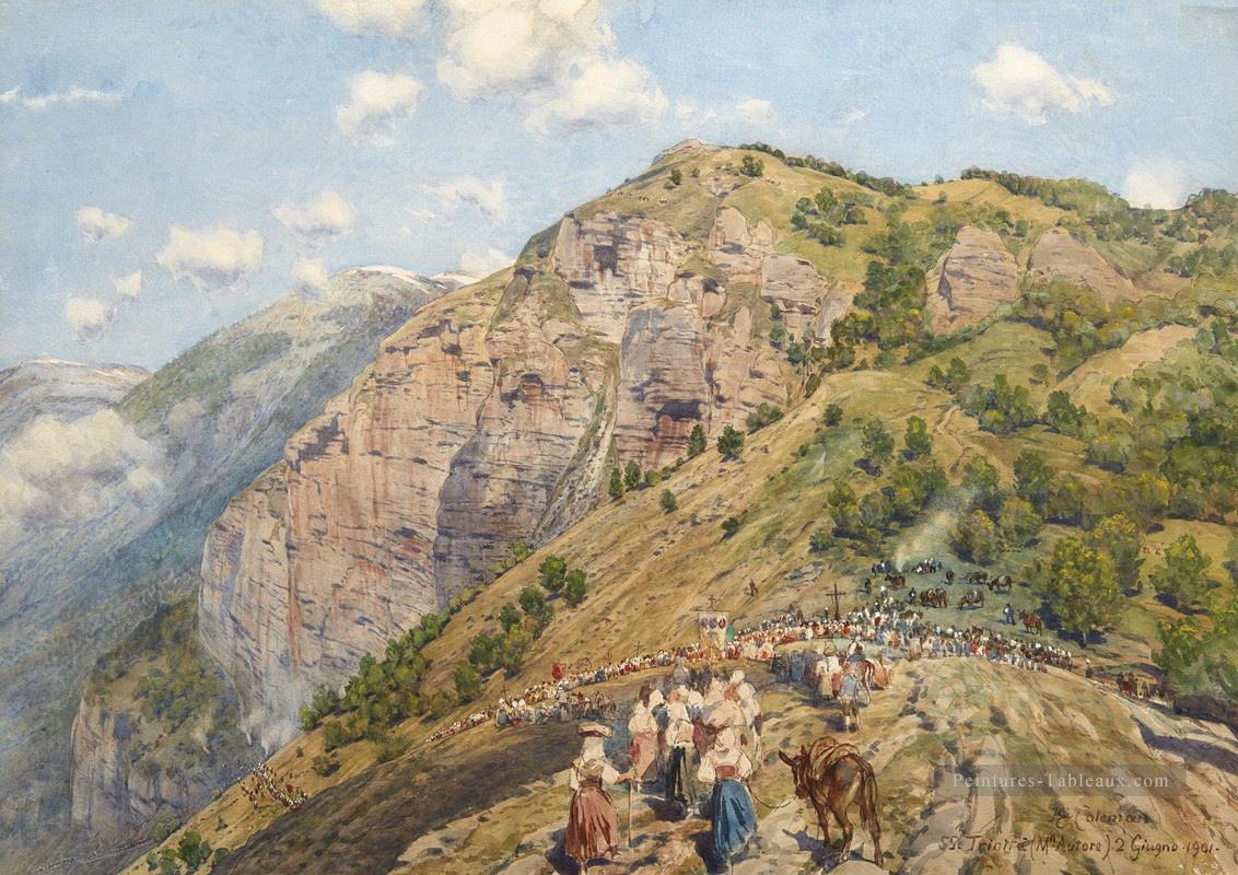 Pellegrinaggio al Santuario della Santissima Trinita sul Monte autore Enrico Coleman genre Peintures à l'huile
